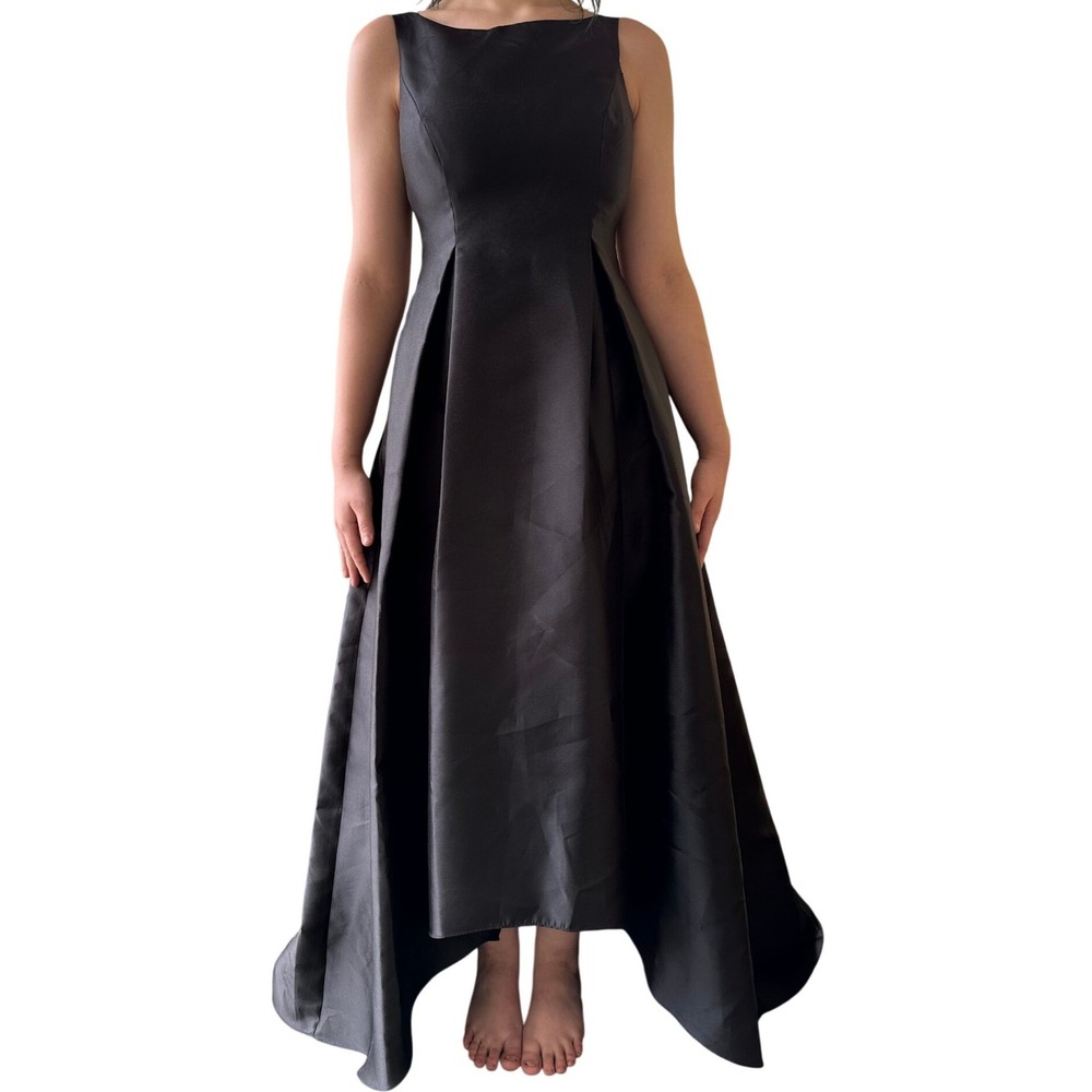 Adrianna Papell Black Satin High-Low Gown V-Back Formal Dress Size 4 091928350 M